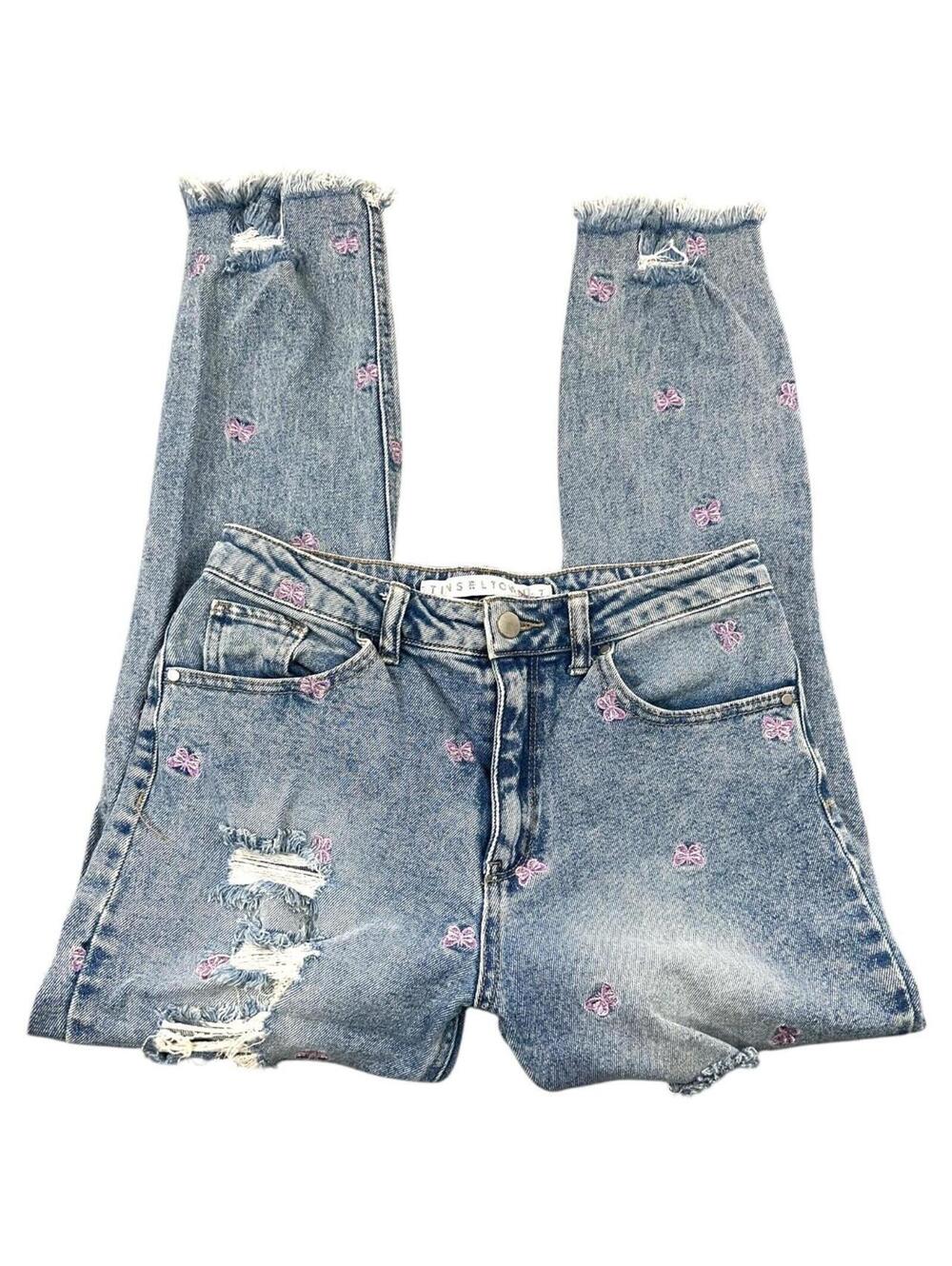 Tinseltown Butterfly Embroidered Distressed Mom Jeans High Rise Y2K Fairycore